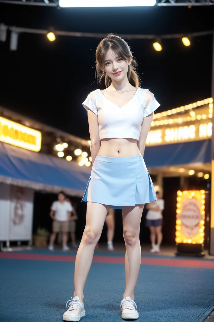 (((best quality))),(((ultra detailed))),(((masterpiece))),illustration,((a beautiful girl,solo)),(shoulder length straight hair:1.2),((slim,thin)),((small breasts,flat chest,cleavage,navel)),(blue short-sleeved white shirt:1.5),(blue mini-skirt:1.3),(slender legs:1.2),(sneakers:1.3),(standing:1.3),(arms behind back:1.3),(on the stage:1.3),((outside a shopping mall, at the entrance of a beer promotional event)),((surrounded by crowded crowds)),expressive eyes,infectious smile,the stage adorned with colorful decorations,vibrant atmosphere,(night scene:1.3),(from front:1.3),(full body:1.3),