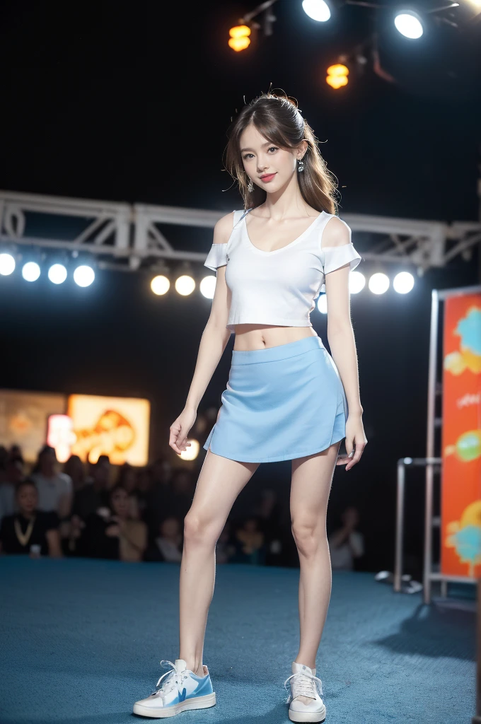 (((best quality))),(((ultra detailed))),(((masterpiece))),illustration,((a beautiful girl,solo)),(shoulder length straight hair:1.2),((slim,thin)),((small breasts,flat chest,cleavage,navel)),(blue short-sleeved white shirt:1.5),(blue mini-skirt:1.3),(slender legs:1.2),(sneakers:1.3),(standing:1.3),(arms behind back:1.3),(on the stage:1.3),((outside a shopping mall, at the entrance of a beer promotional event)),((surrounded by crowded crowds)),expressive eyes,infectious smile,the stage adorned with colorful decorations,vibrant atmosphere,(night scene:1.3),(from front:1.3),(full body:1.3),