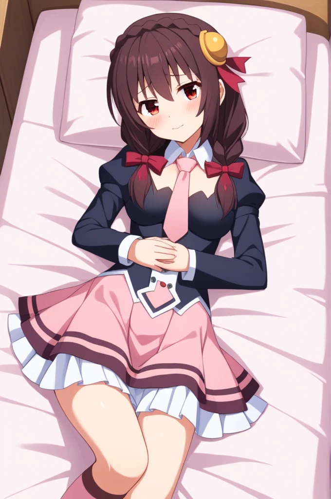 alone, One girl, Yunyun, Embarrassed expression, looking at the viewer, Crown braids of the same color as your hair, Red Eyes、hair ornaments, Hair Ribbon, Pink tie, Long sleeve, Pink Skirt, Knee socks, Cleavage,  (Sleeping together in bed:1.3)