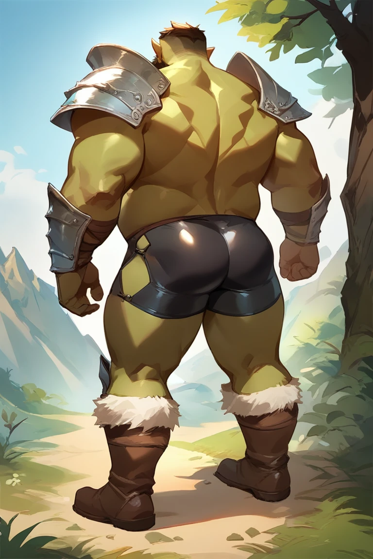 score_9, score_8_up, score_7_up, solo, male focus, chubby male, orc, green skin, tusks, beard, outdoors, micro armor , shoulder armor, breastplate, day, boots , (( black micro tight shorts )) , full body , ass , backside , back side