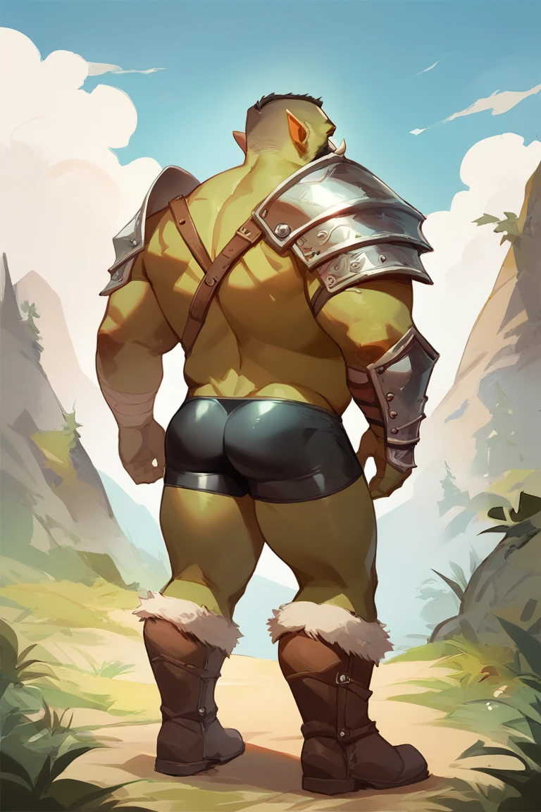 score_9, score_8_up, score_7_up, solo, male focus, chubby male, orc, green skin, tusks, beard, outdoors, micro armor , shoulder armor, breastplate, day, boots , (( black micro tight shorts )) , full body , ass , backside , back side