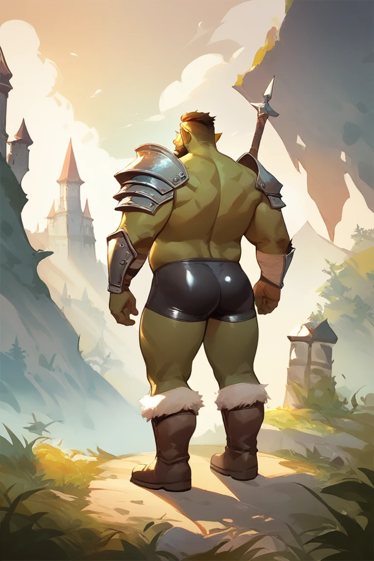 score_9, score_8_up, score_7_up, solo, male focus, chubby male, orc, green skin, tusks, beard, outdoors, micro armor , shoulder armor, breastplate, day, boots , (( black micro tight shorts )) , full body , rounded ass , backside , back side