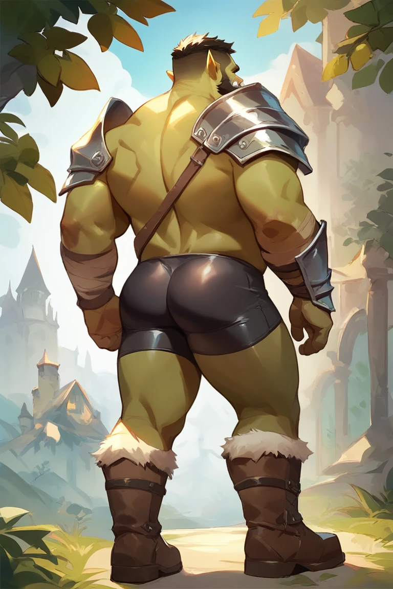 score_9, score_8_up, score_7_up, solo, male focus, chubby male, orc, green skin, tusks, beard, outdoors, micro armor , shoulder armor, breastplate, day, boots , (( black micro tight shorts )) , full body , rounded ass , backside , back side