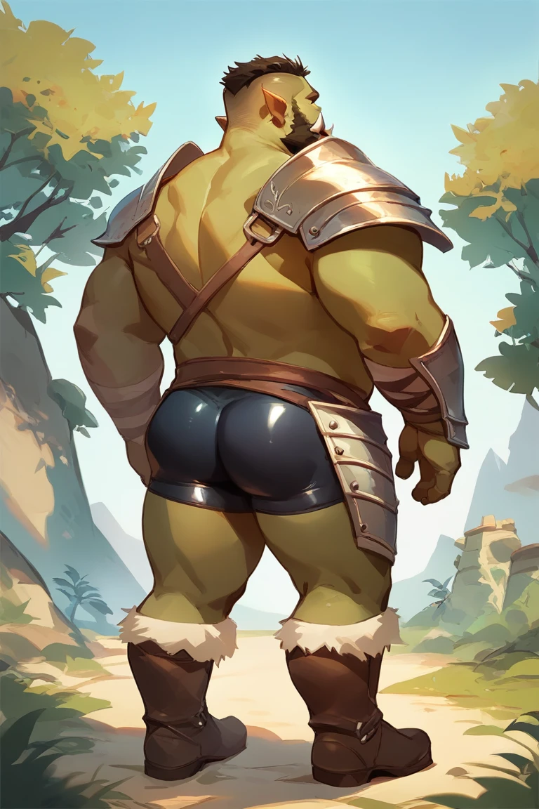 score_9, score_8_up, score_7_up, solo, male focus, chubby male, orc, green skin, tusks, beard, outdoors, micro armor , shoulder armor, breastplate, day, boots , (( black micro tight shorts )) , full body , rounded ass , backside , back side