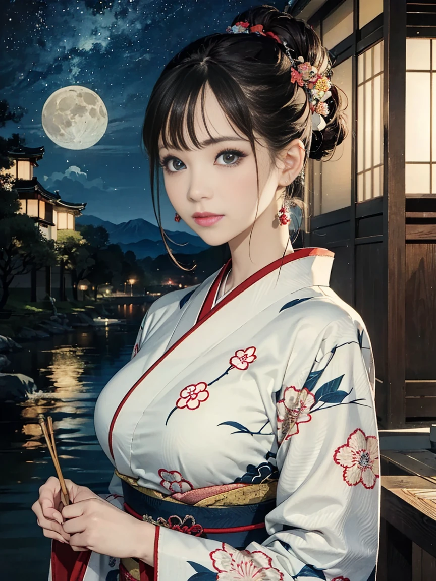 (Highest quality、 8k 、masterpiece、High resolution)、(whole body)、Vibrant colors、Brown-black bob、Traditional topknot、Ample breasts、(Highly detailed face and eyes,Beautiful Face,Beautiful Eyes,Beautiful nose,Pretty lips)、Official Art、(Japanese painting)、 (Beautiful woman in kimono)、(Vivid floral patterned kimono)、background、river、bridge、Mountain、wood、Starry Sky、moon、Detailed CG、