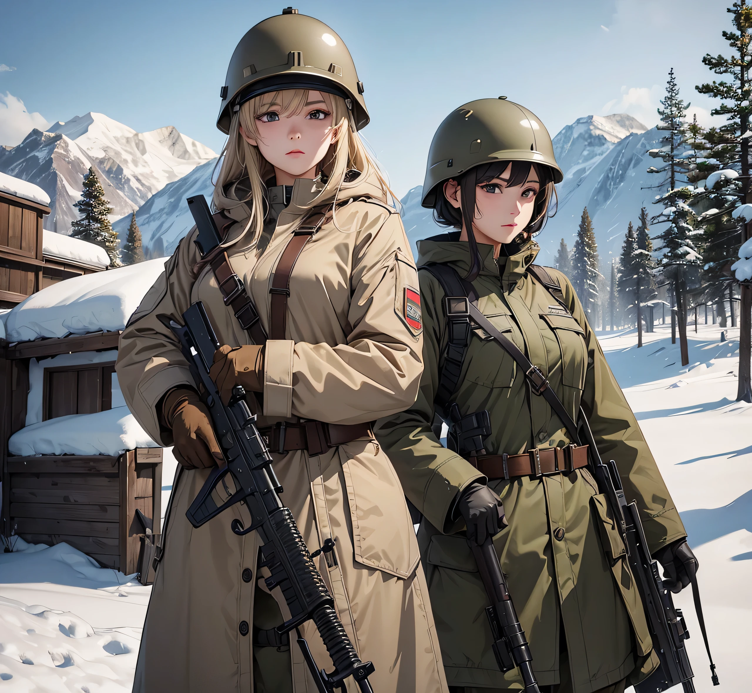 Three female soldiers all wearing beige M-51 thick long coats、Wear a steel helmet、Gloves、Standing guard with gun、Snowy military camp、Write details、masterpiece、best quality、Highly detailed CG、8K picture quality