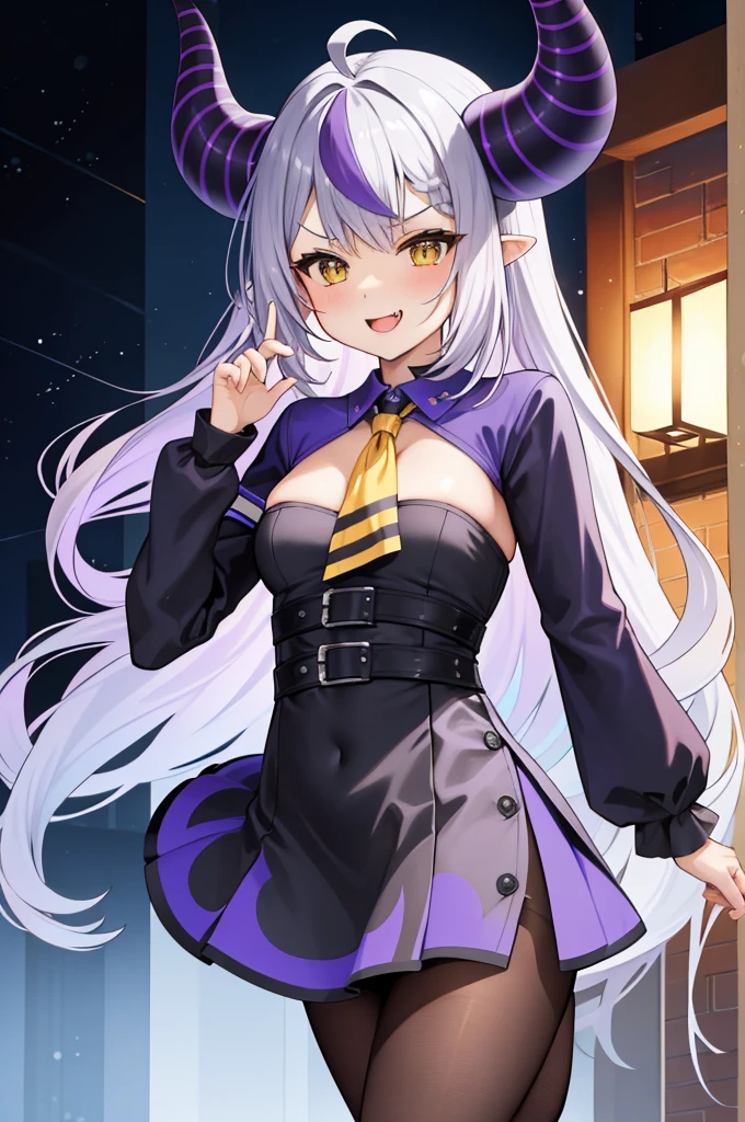 Masterpiece、Hololive、Laplace・ダークネス、Laplace、Highest quality、High resolution、1 girl、anime、Sleeves that hide the hands、Braid、Long sleeve、片足pantyhose、黄色のAscot、Ascot、Black footwear、dress、金属のfirst round、Knee-high boots、黒いdress、first round、pantyhose、Thigh of one leg、Cyberpunk City、Wicked Smile、Mouth open、