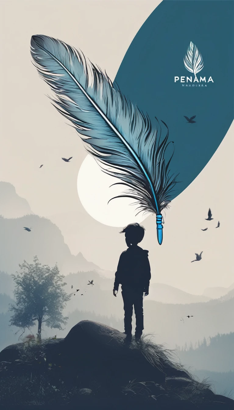 A minimalist, fantastic, poetic, dreamy, captivating, memorable, masterpiece, modern, simple logo design of a boy and a feather for the brand “Penamemoria". The logo must convey a sense of music, stories and dreams. Minimalistic logo design of a boy and a feather.