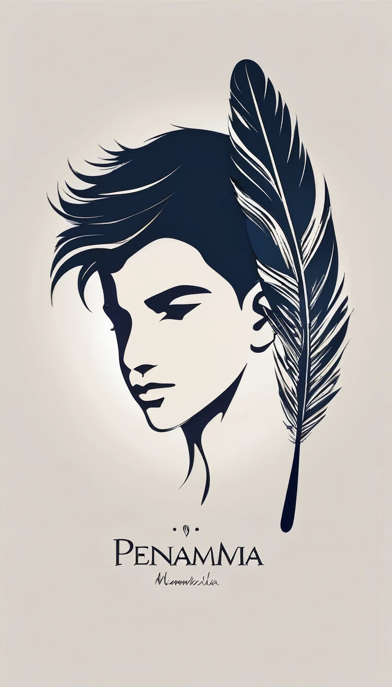 A minimalist, fantastic, poetic, dreamy, captivating, memorable, masterpiece, modern, simple logo design of a boy and a feather for the brand “Penamemoria". The logo must convey a sense of music, stories and dreams. Minimalistic logo design of a boy and a feather.