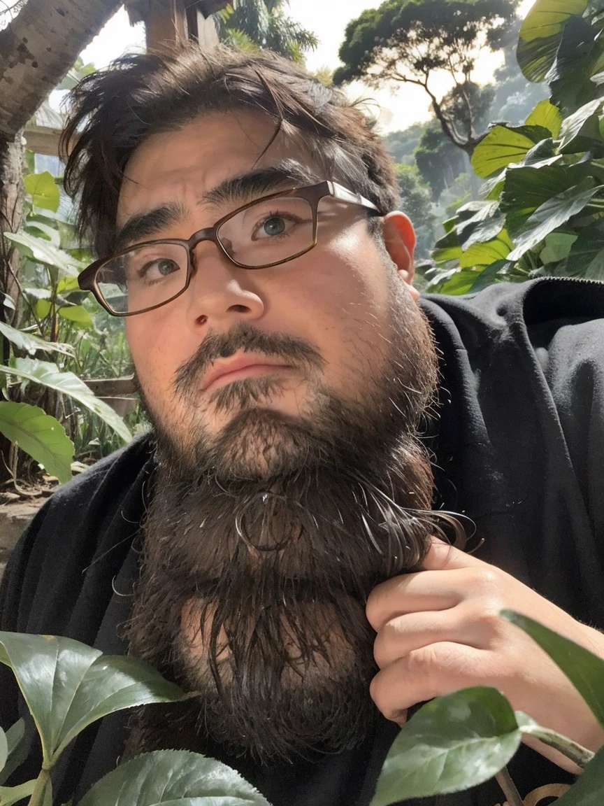 One boy, beard, Glasses, obesity, Explorer, jungle, Lush, mysterious, ancient ruins, (Vintage Gear), Machete, Big tree々, Sunshine pours in, Animals in the wild, Dark green leaves, Vines, Labyrinthine, adventure, discovery