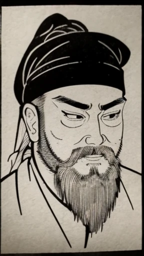 (((Monochrome)))、(((Tie your hair、A bearded young man wearing a black swimming cap)))、（（Men in ancient China））、（Ink Painting）、Highest quality、masterpiece、Ultra-high resolution、(Realistic:1.4)、Game Poster、The Three Bearded Men of the Kingdom,Oriental、As seen in the Romance of the Three Kingdoms々military commander、Crisp and beautiful image quality ,(Skin of color)、 gloves, Long trousers, (Very detailed, bloom:1.5), (Highest quality, Concept Art, 4K), (analog:1.2), (high sharpness), (Detailed pupil:1.1),, Detailed face and eyes, masterpiece, Highest quality, (Very detailed:1.1), 8k, photoRealistic, (PurerosFace_v1:0.2), [:(Detailed face:1.2):0.2], sharp, Realistic, Realistic Shadow, 