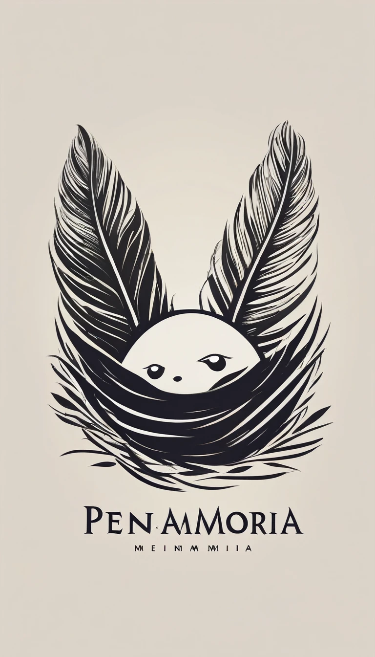A minimal, modern, simple, cinematic logo design for the brand “Penamemoria". Create a modern, minimalistic, high-quality, logo of a boy inside a nest made of feathers. The logo must be a symbol for dreams, stories, memories, music and imagination.