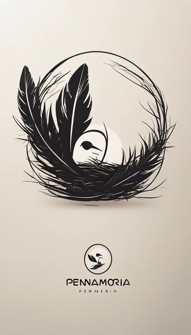 A minimal, modern, simple, cinematic logo design for the brand “Penamemoria". Create a modern, minimalistic, high-quality, logo of a boy inside a nest made of feathers. The logo must be a symbol for dreams, stories, memories, music and imagination.