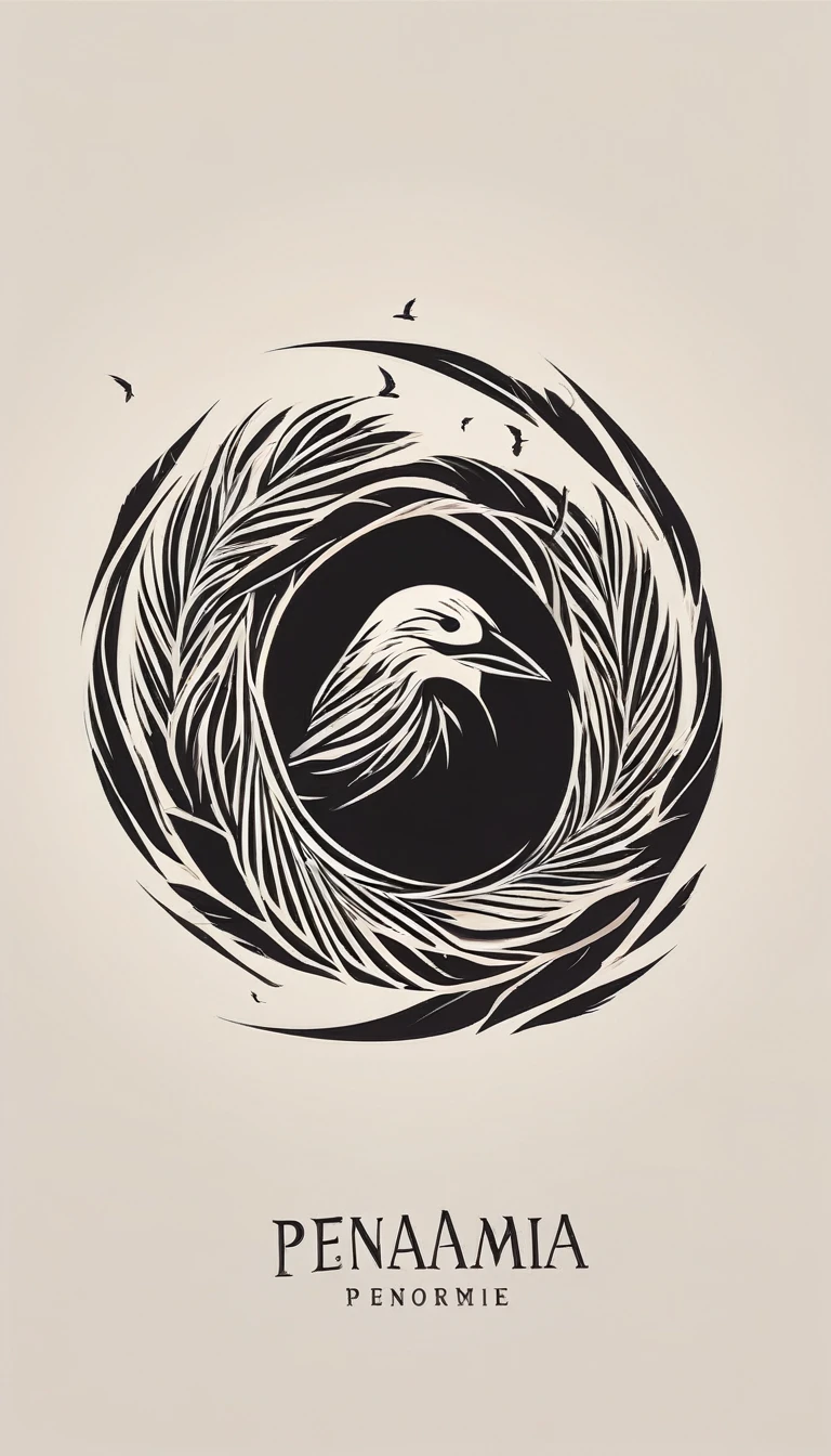 A minimal, modern, simple, cinematic logo design for the brand “Penamemoria". Create a modern, minimalistic, high-quality, logo of a boy inside a nest made of feathers. The logo must be a symbol for dreams, stories, memories, music and imagination.