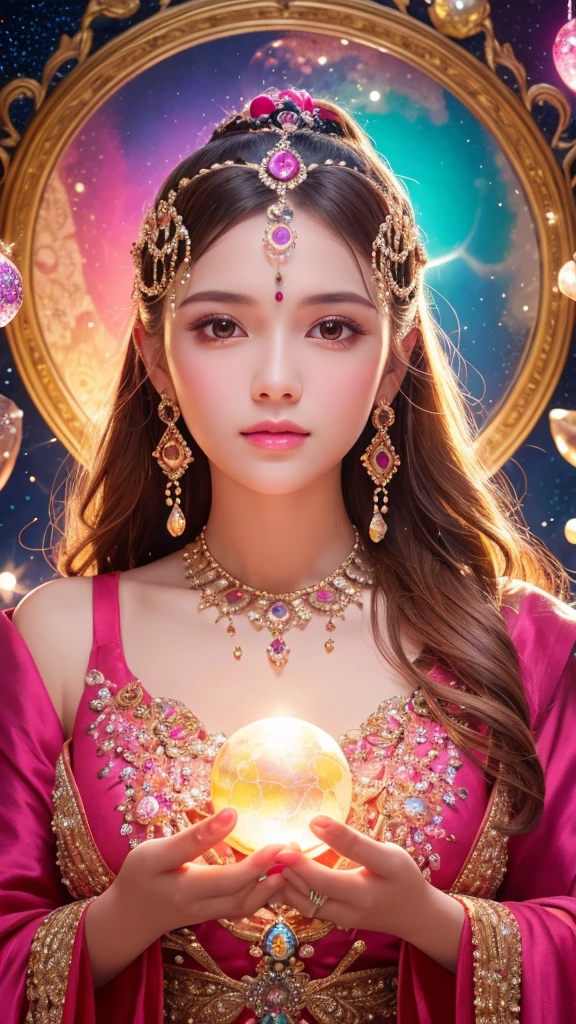 Shining young woman adorned with various gems, holding a large crystal ball in both hands, staring straight into the camera, in the center, very bright colors, light particles, shining, Musib, wallpaper art, UHD wallpaper, background pink, divination to meditate, mysterious