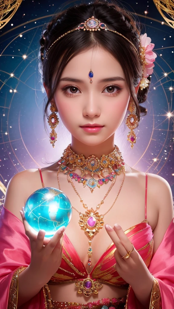 Shining young woman adorned with various gems, holding a large crystal ball in both hands, staring straight into the camera, in the center, very bright colors, light particles, shining, Musib, wallpaper art, UHD wallpaper, background pink, divination to meditate, mysterious