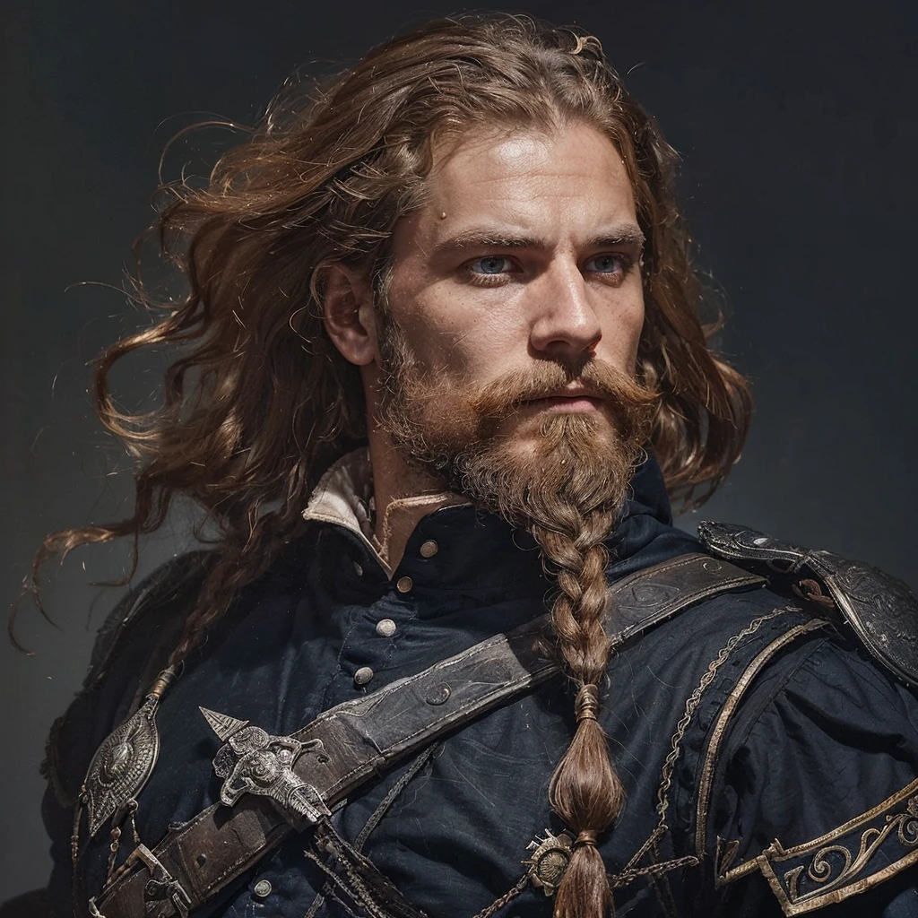 Conrad was a tall and strong young man, but an experienced man. He had piercing blue eyes, who seemed able to see through the very depths of the darkness of our world. His black hair was cut short, and the beard is quite thick, expressing severity , determination and paying tribute to its culture, Despite his young age, he already had gray strands of hair, this is a consequence of large doses of herbal decoctions and the internal state after all the battles with the horrors of this world . His face showed clear signs of battle and trials., reflecting his past when he was a Varangian and now , when he is a cleaner-messenger of God .
Conrad wore lightweight knight's armor on a leather suit decorated with the symbols of the New Vatican - a cross and other sacred signs, as well as pagan runes as a tribute to one’s past and ancestors. On his belt hung a sword with a carefully sharpened blade., shaped like a cross ready for battle at any moment. His stoic posture and confident gaze exuded unshakable determination and dedication to the war effort. .