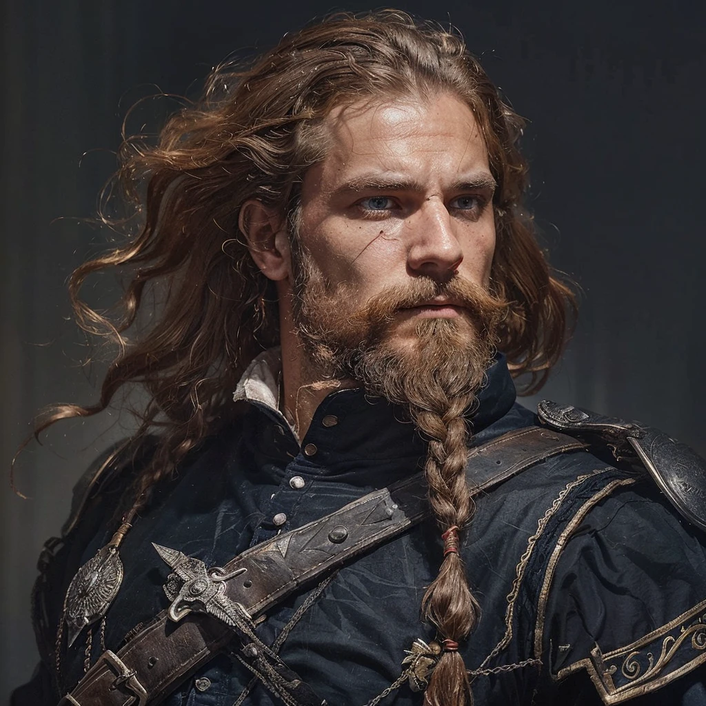 Conrad was a tall and strong young man, but an experienced man. He had piercing blue eyes, who seemed able to see through the very depths of the darkness of our world. His black hair was cut short, and the beard is quite thick, expressing severity , determination and paying tribute to its culture, Despite his young age, he already had gray strands of hair, this is a consequence of large doses of herbal decoctions and the internal state after all the battles with the horrors of this world . His face showed clear signs of battle and trials., reflecting his past when he was a Varangian and now , when he is a cleaner-messenger of God .
Conrad wore lightweight knight's armor on a leather suit decorated with the symbols of the New Vatican - a cross and other sacred signs, as well as pagan runes as a tribute to one’s past and ancestors. On his belt hung a sword with a carefully sharpened blade., shaped like a cross ready for battle at any moment. His stoic posture and confident gaze exuded unshakable determination and dedication to the war effort. .