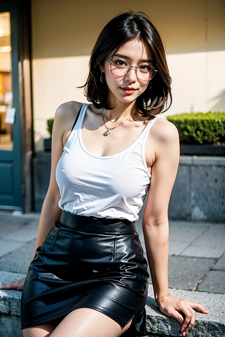 Height: 170cm, 30 years old、Pale face and eyes:1.3、Very thin face and eyes:1.3, (blown eyes:1.5)、{highest quality}, {{masterpiece}}, {very delicate and beautiful}, outstanding light and shadow, highly detailed wallpaper, clear and bright sunlight, 1 girl, , blush, short bob hair, (Oversized organic cotton muscle tee, Tencel lyocell midi slip skirt, plant-based leather huarache sandals, fair-trade raffia tote bag, biodegradable acetate geometic sunglasses,、スーパーモデルの脚、ローヒール), delicate hair, (realistic skin texture:1.3), saggy breasts, cleavage、or wrinkles on the skin are noticeable., B cup, broad shoulders, ((ダイナミックなモデルポージング)), necklace、ring、earrings、smile、夜のShibuya city background:1.5