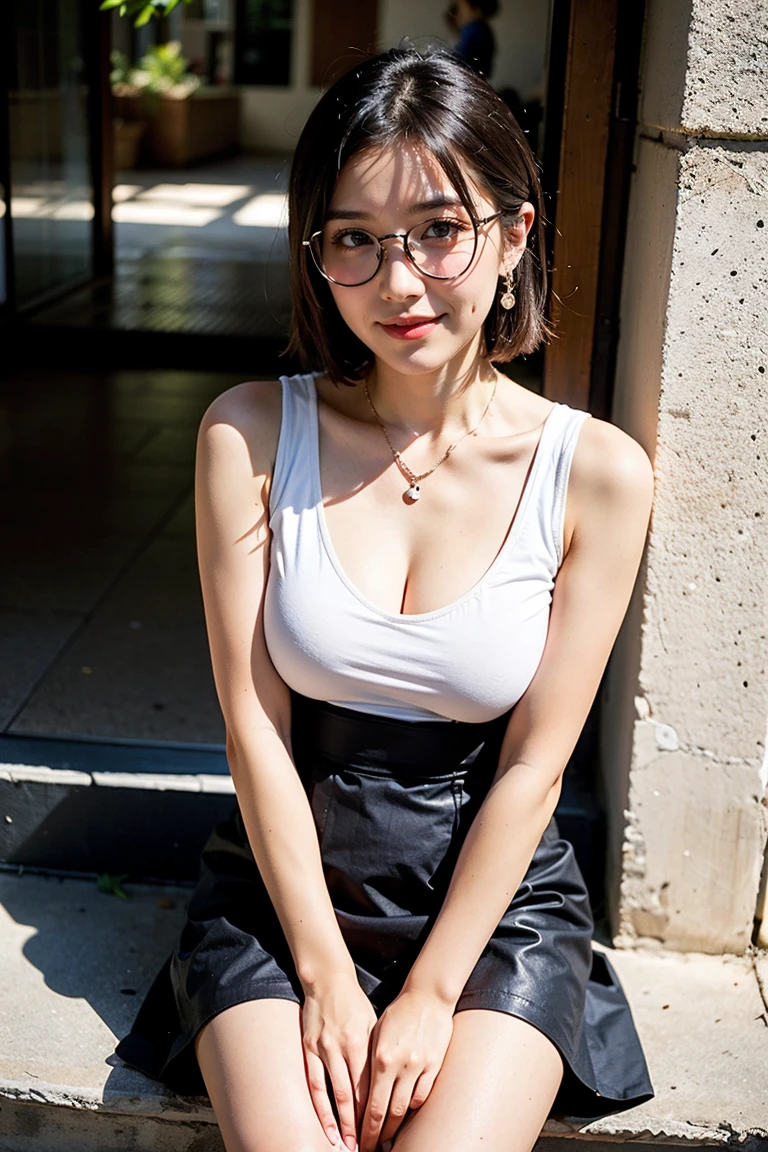 Height: 170cm, 30 years old、Pale face and eyes:1.3、Very thin face and eyes:1.3, (blown eyes:1.5)、{highest quality}, {{masterpiece}}, {very delicate and beautiful}, outstanding light and shadow, highly detailed wallpaper, clear and bright sunlight, 1 girl, , blush, short bob hair, (Oversized organic cotton muscle tee, Tencel lyocell midi slip skirt, plant-based leather huarache sandals, fair-trade raffia tote bag, biodegradable acetate geometic sunglasses,、スーパーモデルの脚、ローヒール), delicate hair, (realistic skin texture:1.3), saggy breasts, cleavage、or wrinkles on the skin are noticeable., B cup, broad shoulders, ((ダイナミックなモデルポージング)), necklace、ring、earrings、smile、夜のShibuya city background:1.5