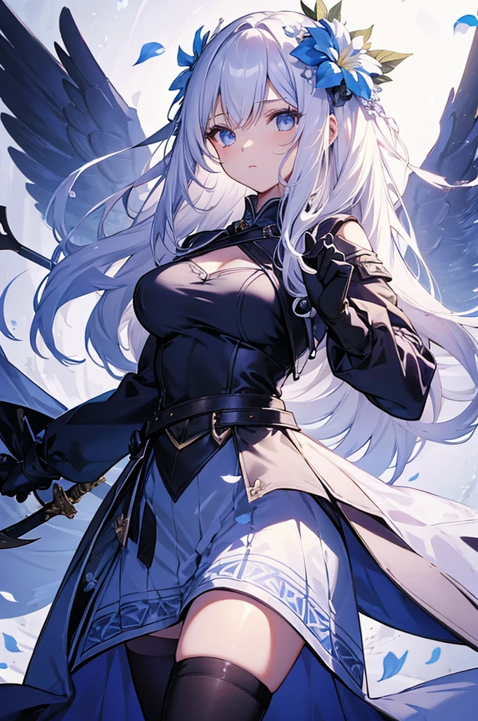 1girl, solo, long hair, breasts, hair ornament, gloves, long sleeves, white background, dress, holding, weapon, flower, white hair, sidelocks, small breasts, sword, white gloves, hair flower, petals, blue dress