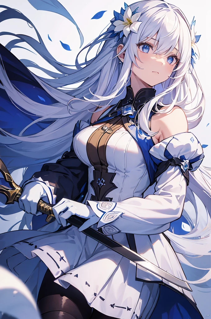 1girl, solo, long hair, breasts, hair ornament, gloves, long sleeves, white background, dress, holding, weapon, flower, white hair, sidelocks, small breasts, sword, white gloves, hair flower, petals, blue dress