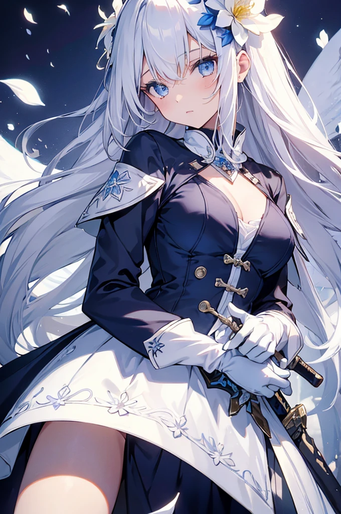 1girl, solo, long hair, breasts, hair ornament, gloves, long sleeves, white background, dress, holding, weapon, flower, white hair, sidelocks, small breasts, sword, white gloves, hair flower, petals, blue dress