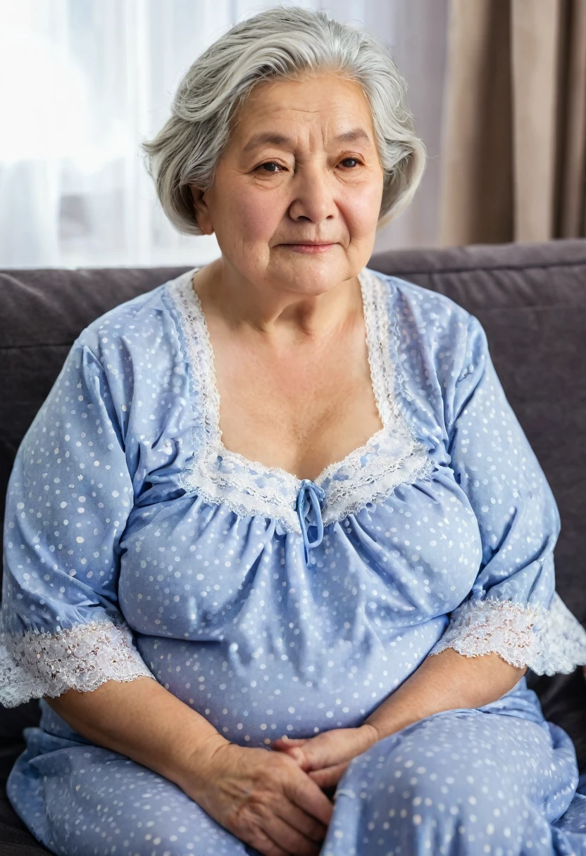 Chubby old woman wear soft nightie sitting on the sofa
