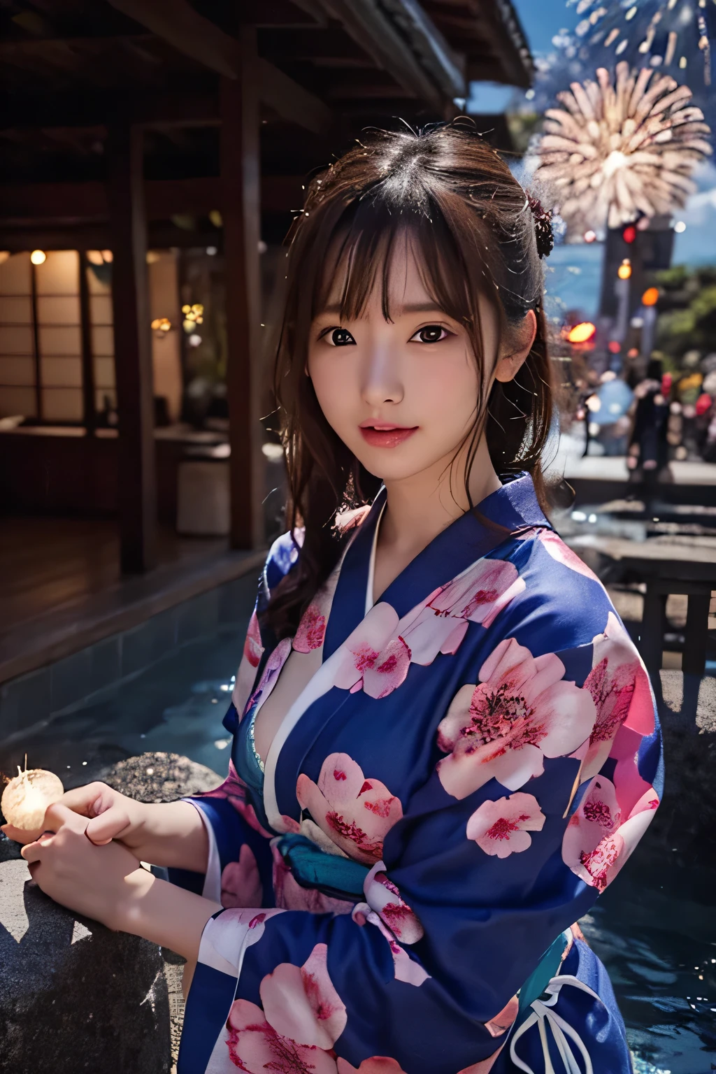 (beautiful mature adult woman),(flower hair ornament,floral braided top knot,twisted side part ponytail,floral braided headband,half up、floral braided space buns,voluminous fishtail braid,Twisted pan,),(The bangs are see-through bangs),very delicate and beautiful hair,big breasts,(((emphasize the chest:1.3))),(dynamic angle),(dynamic and sexy pose),laughter、,((( kimono,:1.3)))、Fireworks being launched into the sky against the backdrop of the riverbank at night.、cute round face,,(table top,highest quality,Ultra high resolution output image,) ,(8K quality,),(sea art 2 mode.1),(Image mode Ultra HD,)