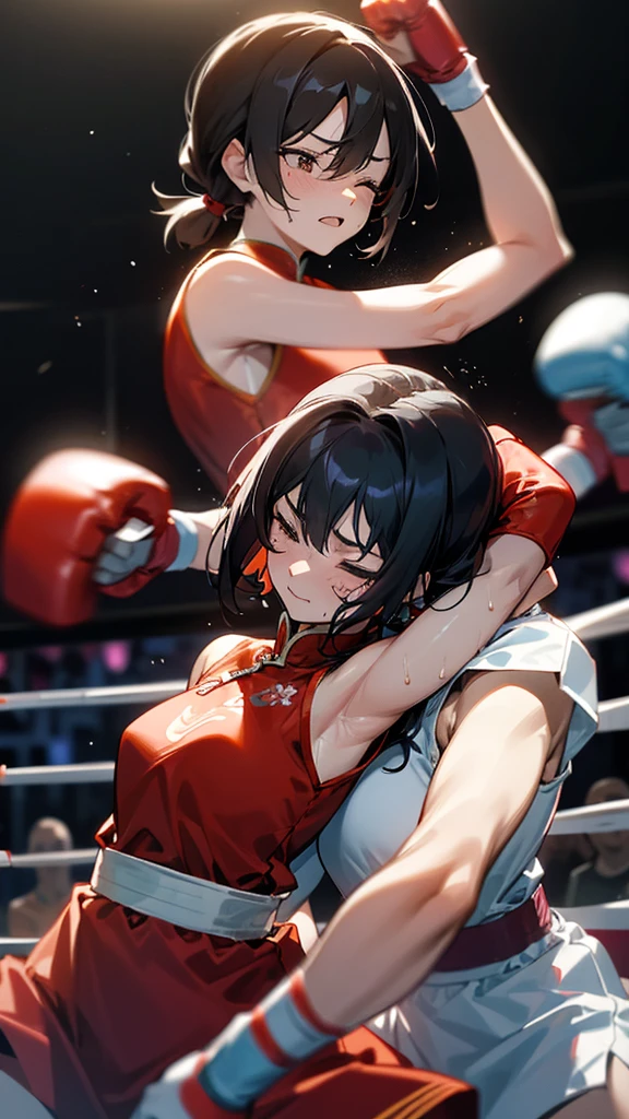 Boxing action A woman wearing a Chinese dress is boxing in the ring. The woman on the right hits the woman on the left in the cheek... The woman on the left, Akane Kurokawa, has her right eye closed., opening her mouth, and sweat.