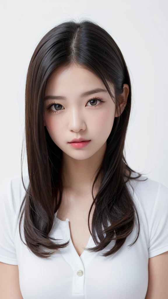 (((forehead、Northern Europe、White、beautiful girl、Black Hair、White Background、Golf Wear、cute、young、True Face、Shiny Hair、whole body)))、Tabletop, Highest quality, shape, Very detailed, finely, High resolution, 8k wallpaper, Perfect dynamic composition, finelyて美しい目, Deco Out,blonde, chest, Natural color lip,White Background, random cute poses,