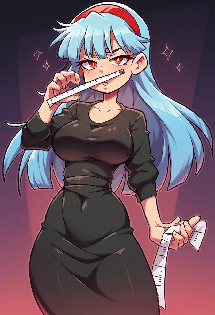 My name is Yukiko.I am a white test woman with long light blue hair,red eye color.I am 1.62 cm tall . My breasts measure 200 cm, my waist 40 cm and my hips 200 cm.dressed in a black dress that only covered my crotch . With big 200 cm breasts