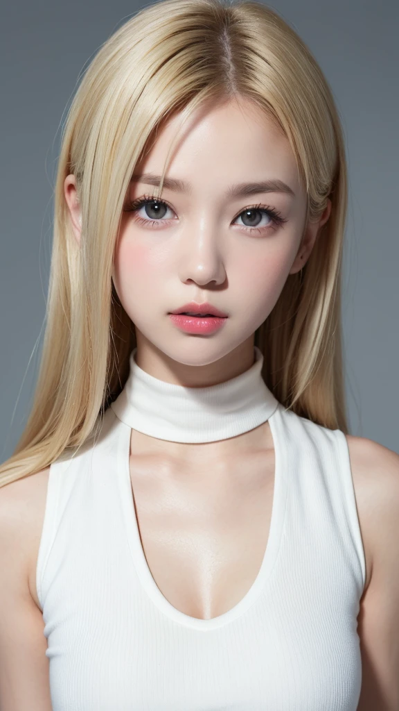 (((forehead、Northern Europe、White、beautiful girl、ホワイトblonde、Blonde、White Background、High neck sleeveless、cute、young、True Face、Shiny Hair、whole body)))、Tabletop, Highest quality, shape, Very detailed, finely, High resolution, 8k wallpaper, Perfect dynamic composition, finelyて美しい目, Deco Out,blonde, chest, Natural color lip,White Background, random cute poses,