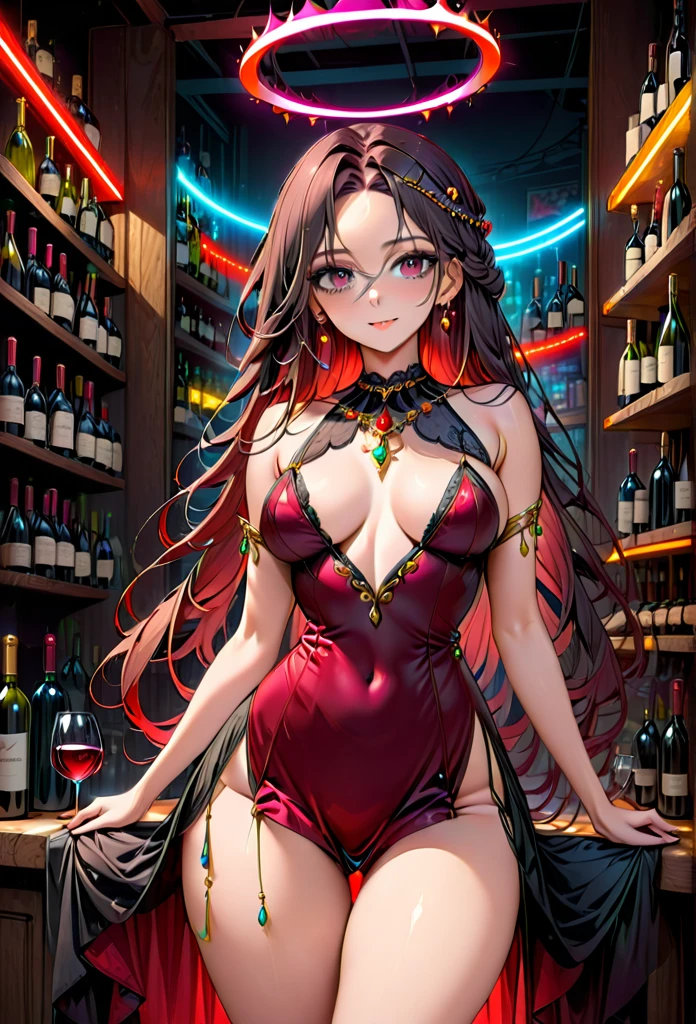 High resolution, high quality, High-resolution model, High detail, Very detailed, (Shot from the thigh up:1.3), (holding a wine glass:1.3), goddess, long hair, Slender figure, Grown-up face, A relaxed expression, Dark Eyes, Gradient eyes, Front bottom shot, Her hair is black on top and red on the bottom., Circlet, Neon-like earrings, Black and red gothic dress, Dresses with less exposed skin, There is a halo in the background, Lots of neon lights in the background, A shelf with wine bottles neatly lined up all over the background, Fantasy atmosphere