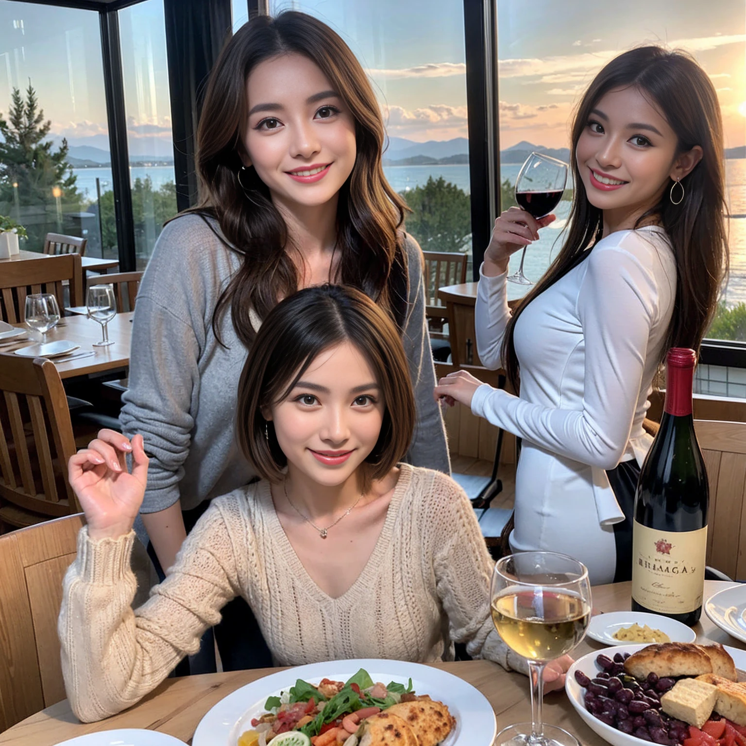 (Realistic:1.1),(masterpiece,Highest quality),8k,(45 years old), 42 years old, slimカップル、Model Couple、actress/actor、Tight waist,Upper Body,full-course dinner、wine 、Amazing view of the sunset sky and clouds、Perfect Anatomy, Brown Hair, short hair,Random Hairstyles,((Highly detailed face and eyes:1.2))(cute顔:1.4),美しいactressの顔,Perfect golden ratio face,Long sleeve shirt、dress,(smile:1.2)、Shortcuts、cute、(Realistic, Intricate details:1.2), A bright smile、short hair,Bright Face、赤wine 、Appetizers、Italian food、wine bottle、Champagne、スパークリングwine、(slimな顔), (The body is slim), (Brown Hair), (Shortcuts), Upper Body, 白wine, slim, wineグラス,