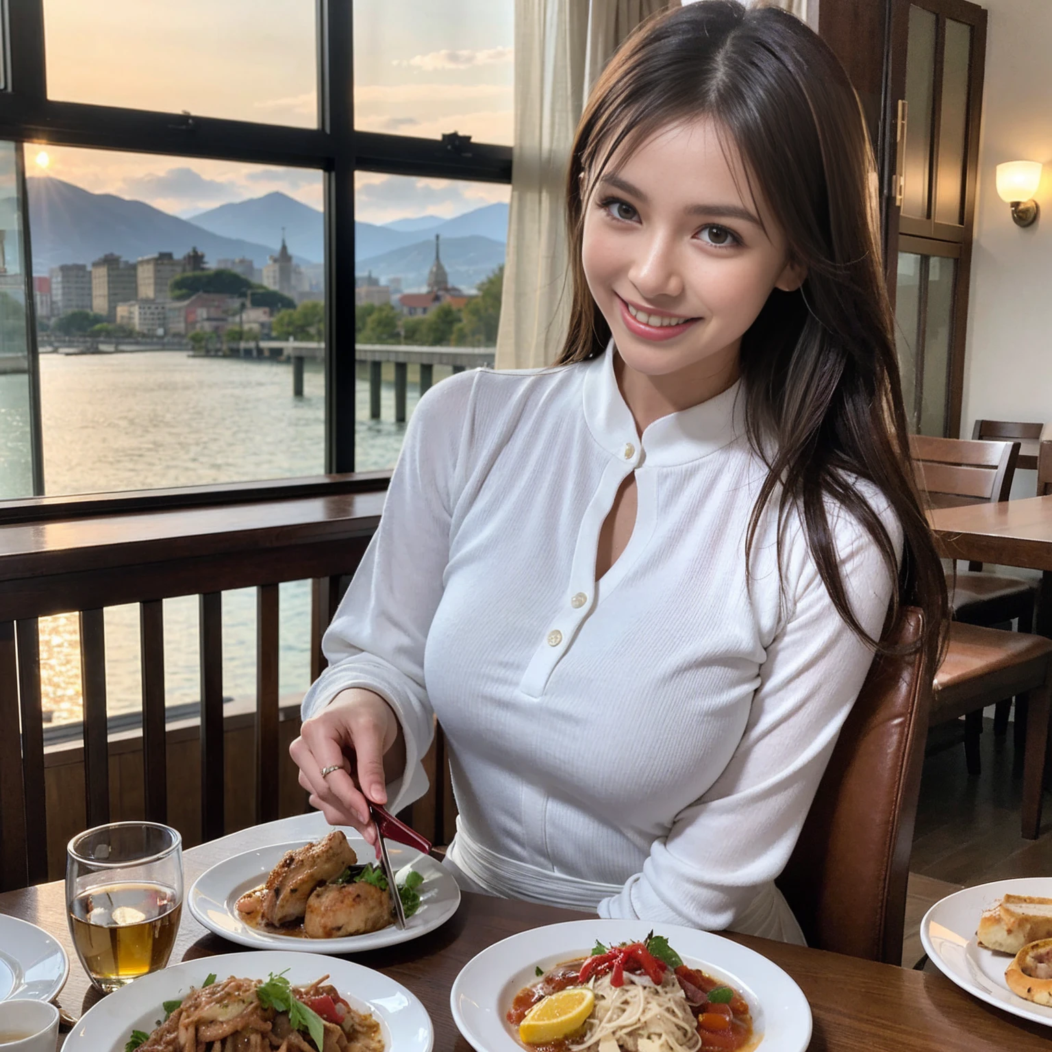 (Realistic:1.1),(masterpiece,Highest quality),8k,(45 years old), 42 years old, slimカップル、Model Couple、actress/actor、Tight waist,Upper Body,full-course dinner、wine 、Amazing view of the sunset sky and clouds、Perfect Anatomy, Brown Hair, short hair,Random Hairstyles,((Highly detailed face and eyes:1.2))(cute顔:1.4),美しいactressの顔,Perfect golden ratio face,Long sleeve shirt、dress,(smile:1.2)、Shortcuts、cute、(Realistic, Intricate details:1.2), A bright smile、short hair,Bright Face、赤wine 、Appetizers、Italian food、wine bottle、Champagne、スパークリングwine、(slimな顔), (The body is slim), (Brown Hair), (Shortcuts), Upper Body, 白wine, slim, wineグラス,