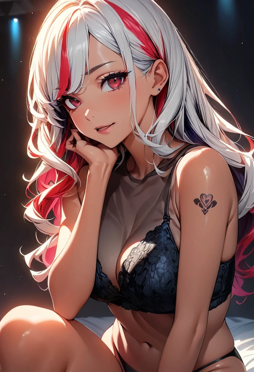 (highest quality:1.2, Very detailed, up to date, Vibrant, Ultra-high resolution, High Contrast, masterpiece:1.2, highest quality, Best aesthetics), Portraiture、girl、singer, solo, ((25-years-old:1)), Bright colors, Beautiful fine details、Beautiful lip detail、midium wave hair、red and white ((streaked hair:1.6)), highlights hair: 1.5, red eyes, slim body, meddium breast, (tan skin:1.1), (see-through, lace bra and thong:1.3), sexy pose, sitting on the bed, spread legs, (Floral Fineline tattoo design on left arm:1), (cowboy shot:1.5),