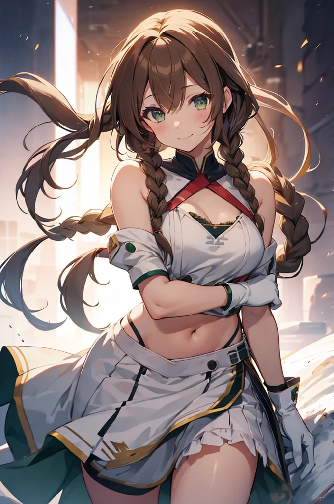 noshiro (kancolle), 1girl, solo, long hair, breasts, looking at viewer, smile, bangs, large breasts, simple background, brown hair, gloves, white background, dress, navel, cleavage, hair between eyes, green eyes, collarbone, braid, cowboy shot, white dress, twin braids, cosplay, revealing clothes