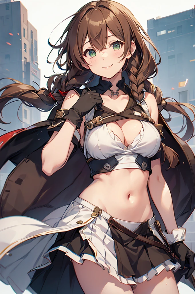 noshiro (kancolle), 1girl, solo, long hair, breasts, looking at viewer, smile, bangs, large breasts, simple background, brown hair, gloves, white background, dress, navel, cleavage, hair between eyes, green eyes, collarbone, braid, cowboy shot, white dress, twin braids, cosplay, revealing clothes