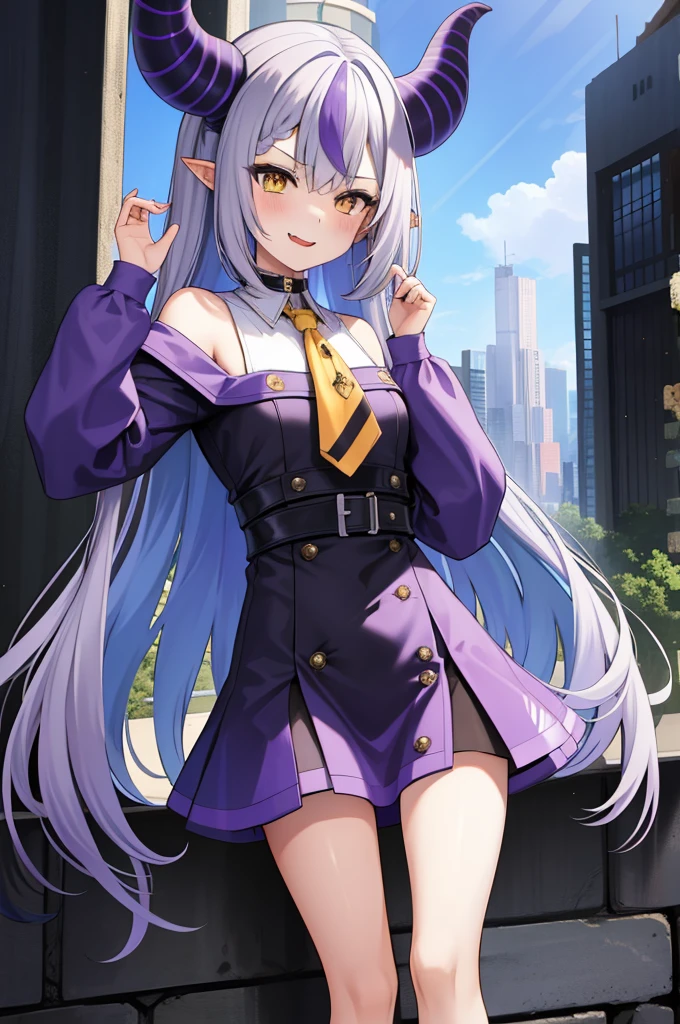 Masterpiece、Hololive、Laplace・ダークネス、Laplace、Highest quality、High resolution、1 girl、anime、Sleeves that hide the hands、Braid、Long sleeve、片足pantyhose、黄色のAscot、Ascot、Black footwear、dress、金属のfirst round、Knee-high boots、黒いdress、first round、pantyhose、Thigh of one leg、Cyberpunk City、Wicked Smile、Mouth open、