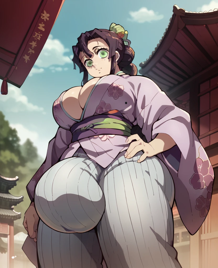 Mitsuri Kanjori, women, big breasts, huge butt, Futanari, big cock, kimono, huge bulge in pants, in a japanese temple, low view, front view, alone