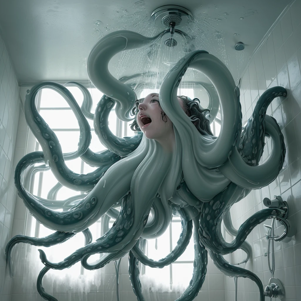 An amorphous beast with tentacles stalks a girl distractedly showering in a communal shower from the ceiling..