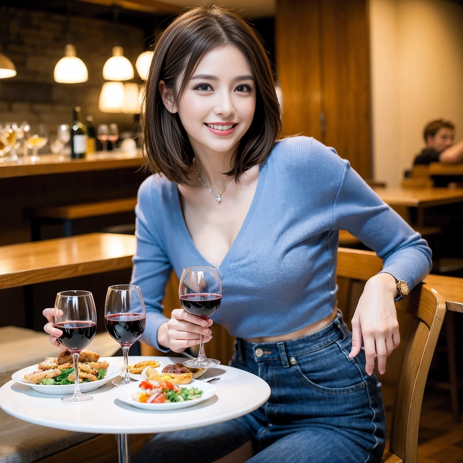 （Realistic:1.1）,(masterpiece,Highest quality)，8k,(40 years old), 36 years old, slimカップル、Model Couple、actress/actor、Tight waist,Upper Body,full-course dinner、wine 、Amazing view of the sunset sky and clouds、Perfect Anatomy, Brown Hair, short hair,Random Hairstyles,((Highly detailed face and eyes:1.2))(cute顔:1.4)，美しいactressの顔，Perfect golden ratio face，Long sleeve shirt、dress,(smile:1.2)、Shortcuts、cute、(Realistic, Intricate details:1.2), A bright smile、short hair,Bright Face、赤wine 、Appetizers、Italian food、wine bottle、Champagne、スパークリングwine、(slimな顔), (The body is slim), (Brown Hair), (Shortcuts),  Upper Body, 白wine, slim, wineグラス, 
