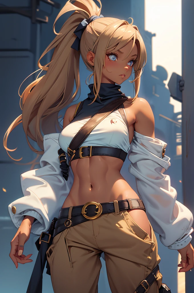 Bunny woman, rabbit woman, baggy pants, belt, blue eyes, tan skinned female, tanned, tan skin fingernails,, long pony tail, light brown hair, midriff