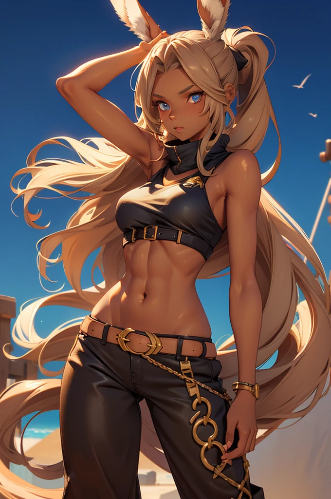 Bunny woman, rabbit woman, baggy pants, belt, blue eyes, tan skinned female, tanned, tan skin fingernails,, long pony tail, light brown hair, midriff