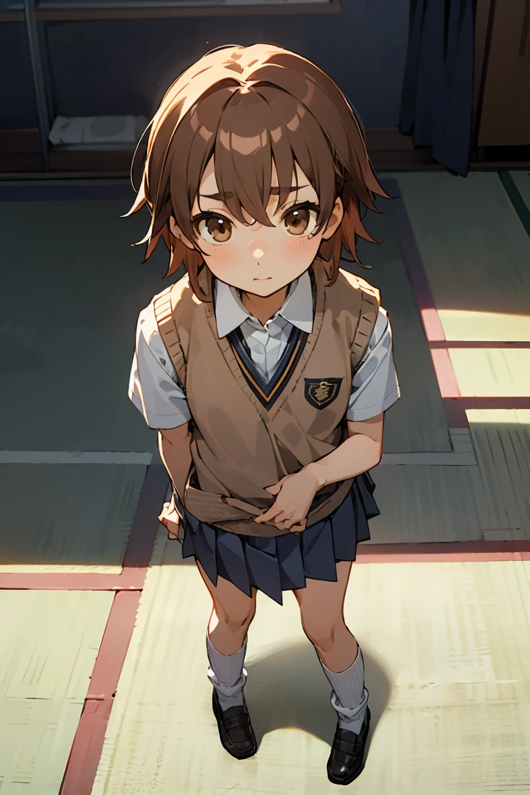  masterpiece,Highest quality, superior_Mikoto,alone, Brown eyes, short_hair, small_chest, Looking at the audience　Student uniforms, tokiwadai_School_uniform, White shirt, Sweater vest, Grey mini skirt, , White loose socks, shoes, Are standing、