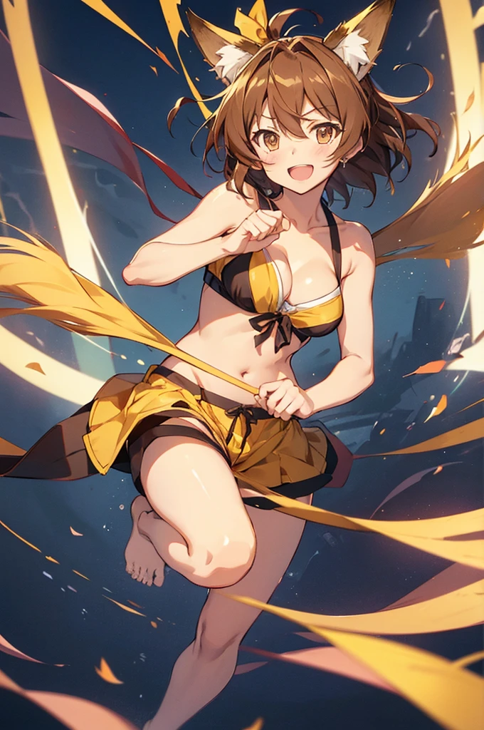 tachibana hibiki (symphogear), 1girl, solo, breasts, looking at viewer, smile, short hair, open mouth, brown hair, animal ears, cleavage, brown eyes, medium breasts, tail, shorts, barefoot, fox ears, fox tail, paw print, fox shadow puppet, yellow shorts