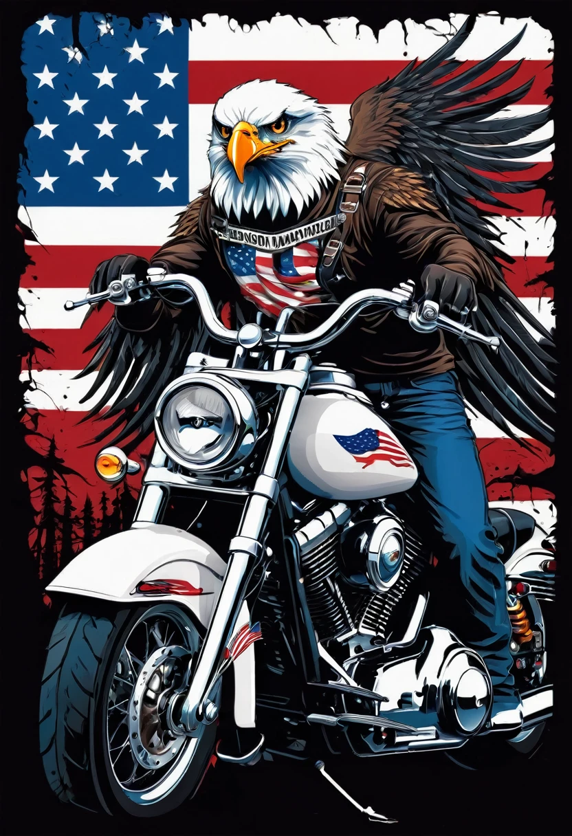 t-shirt designs, Create a menacing white t-shirt with a full-length moto harley, background with american flag and an eagle emblem, highly detailed vector art, hd vector art, White background. The overall style is bold and intense, embodying the dark and edgy spirit of heavy metal music.