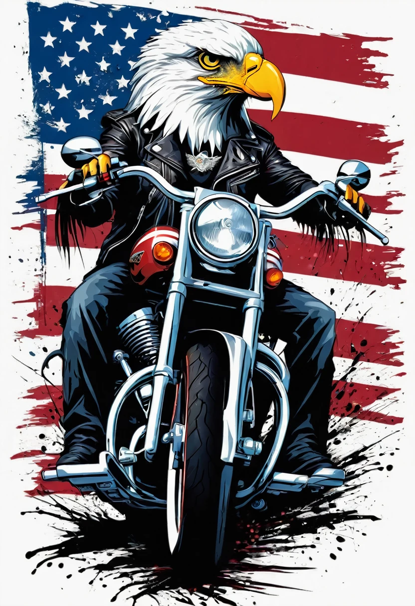 t-shirt designs, Create a menacing white t-shirt with a full-length moto harley, background with american flag and an eagle emblem, highly detailed vector art, hd vector art, White background. The overall style is bold and intense, embodying the dark and edgy spirit of heavy metal music.