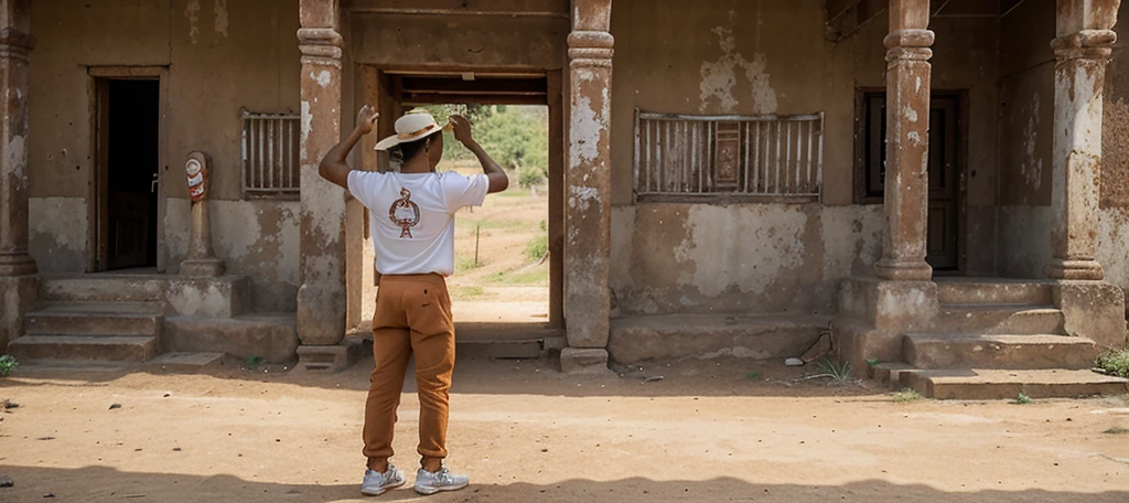 A man was standing on a dirt road. He wore a large white t-shirt. orange quarter pants and red basketball shoes along with wearing a cream-colored hat to protect from the sun He raised one hand to shield his face from the sun to look ahead. The background of the picture is ancient Thai architecture with carved patterns and the windows have iron bars. The structure looks old and has historical value. In the right corner of the photo there is a sign giving information about the location. There is also a metal fence and various barriers. near the entrance 
